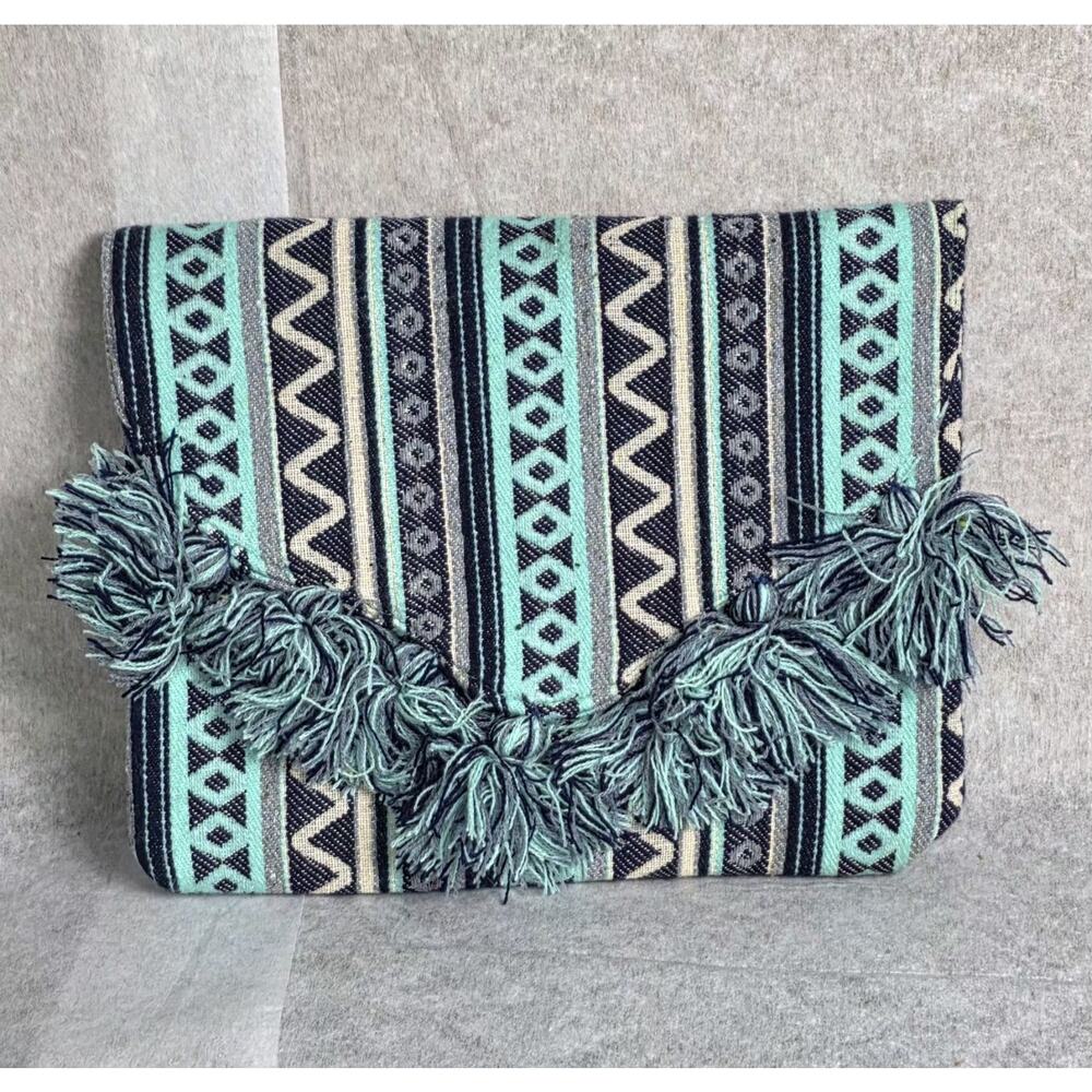 Mud Pie Fold-over Tassel Clutch - Southwestern Aztec Pattern - Mint/Navy/Cream